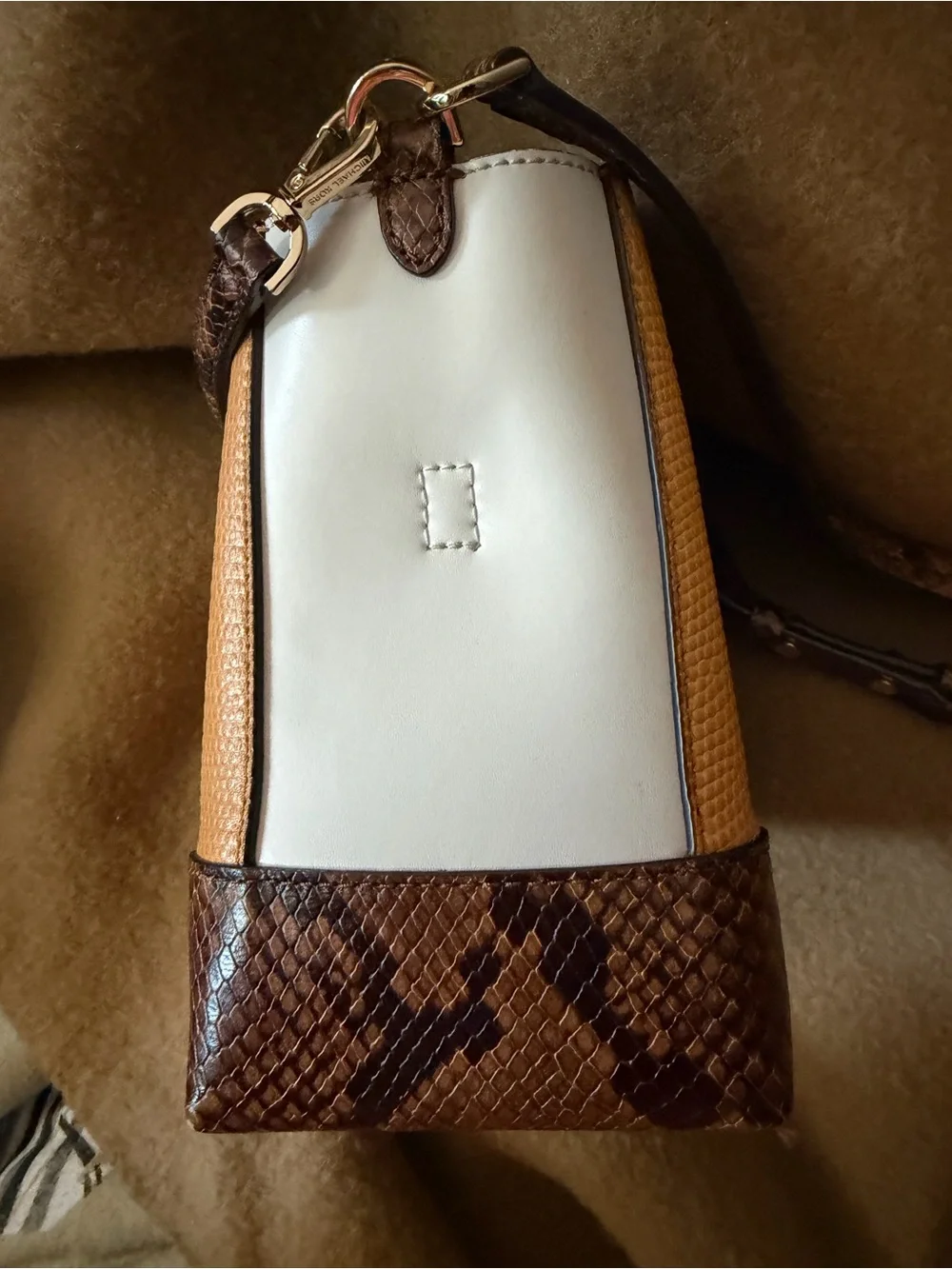 Michael Kors Tan, Cream & Brown Snake Print Mini Bucket Crossbody w/ Top Handle